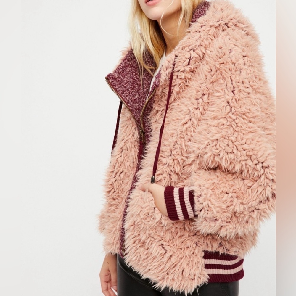 Free People Fluffy Dolman Teddy Fur Jacket in Orange/Rust color